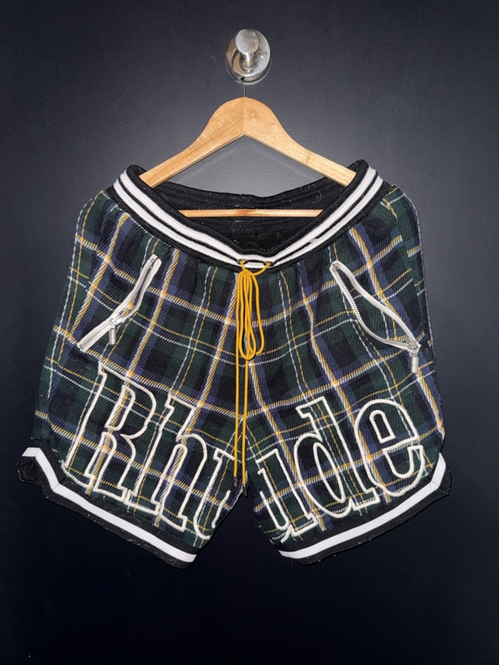 Rhude Plaid Logo Basketball Shorts in Green, Black, Yellow
